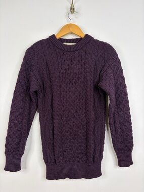 Aran Sweater Market Sweater Womens XS Heathered Purple Merino Wool Cable Knit